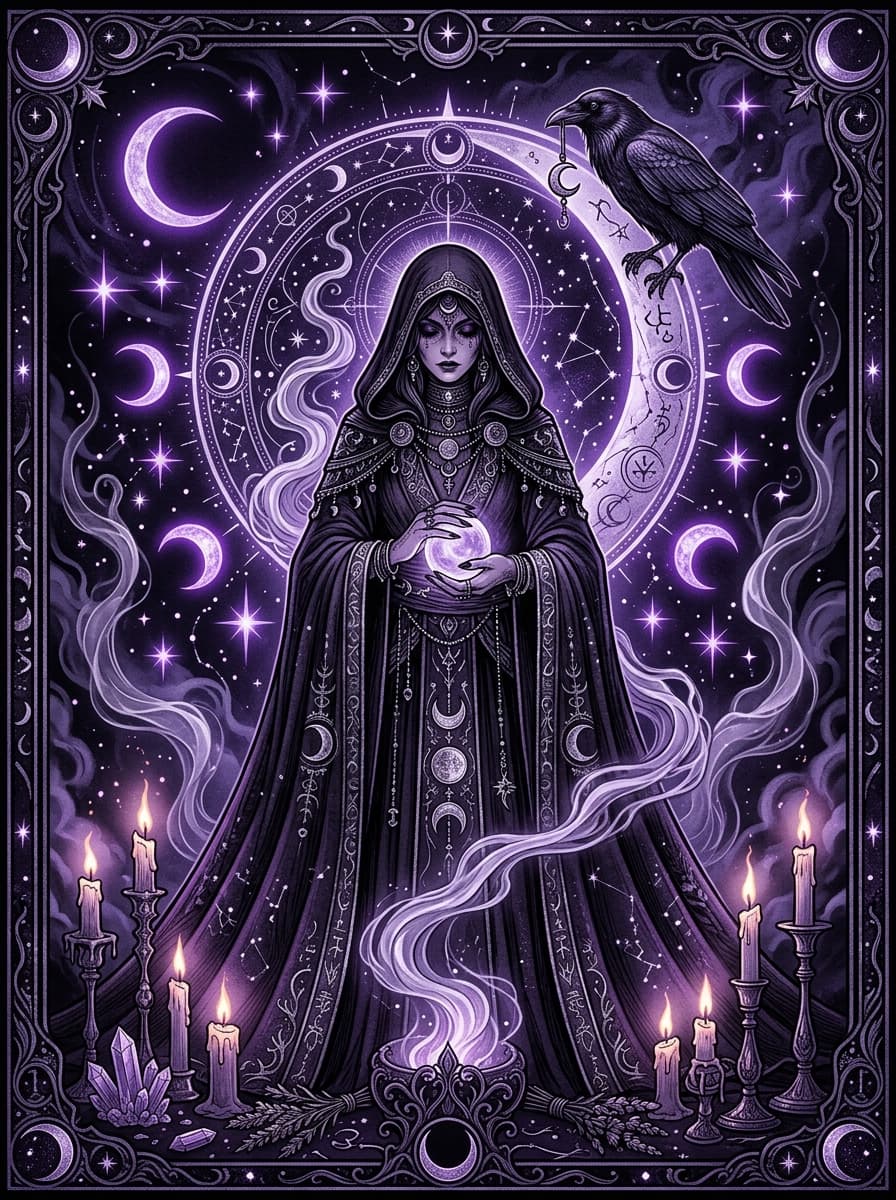 Dark celestial occult artwork featuring a hooded figure with glowing celestial hands, crescent moon, and geometric talisman