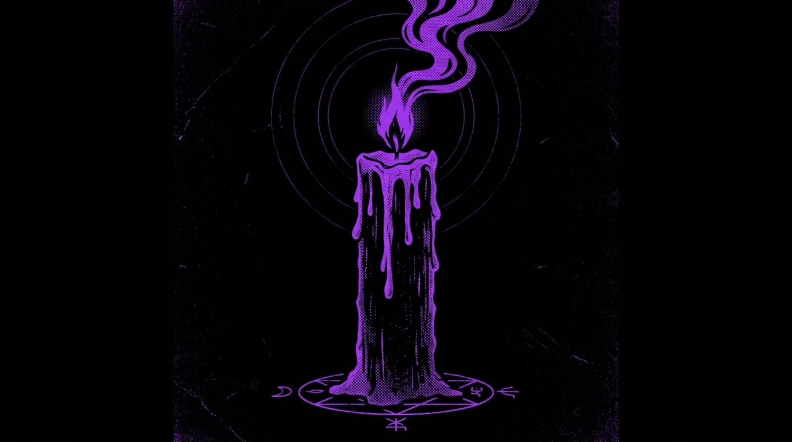 Purple and black screenprint illustration of a tall black pillar candle with ritual flame