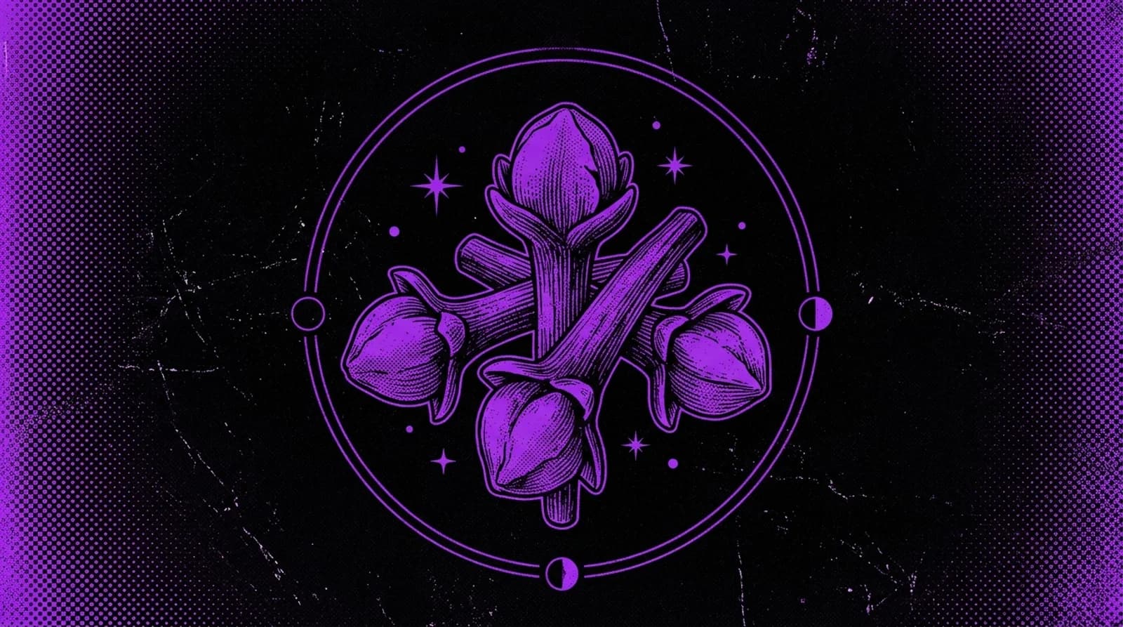 Purple and black screenprint illustration of dried clove flower buds arranged in an occult botanical study.