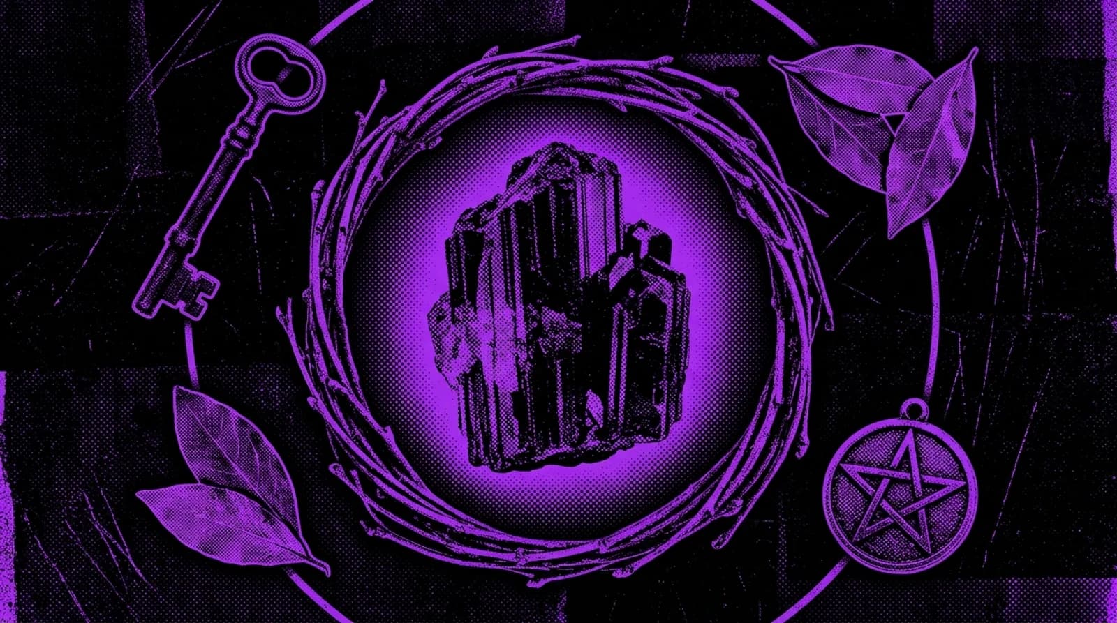 Purple and black screenprint collage of protective ritual elements including black tourmaline, iron key, and bay leaves