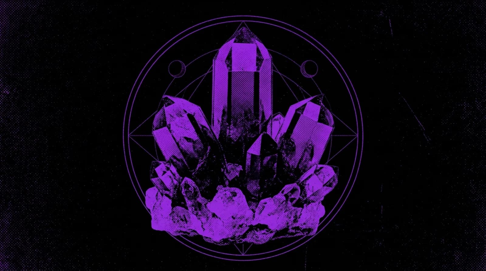 Purple and black occult screenprint illustration of a raw amethyst crystal cluster.