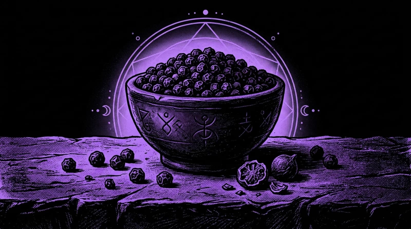 Purple and black screenprint illustration of a small ritual bowl overflowing with whole black peppercorns and scattered peppercorn seeds on a stone altar