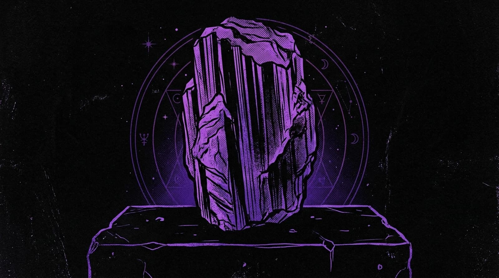 Purple and black screenprint illustration of a rough black tourmaline crystal specimen standing on a stone altar