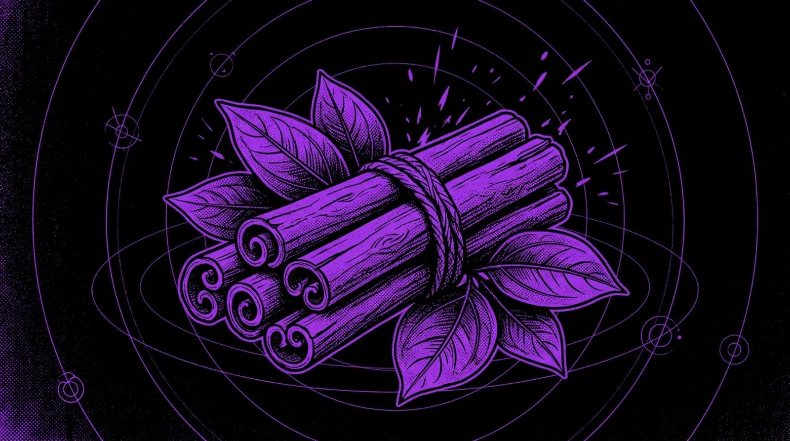 Purple and black screenprint illustration of curled cinnamon bark quills and radiating solar rays