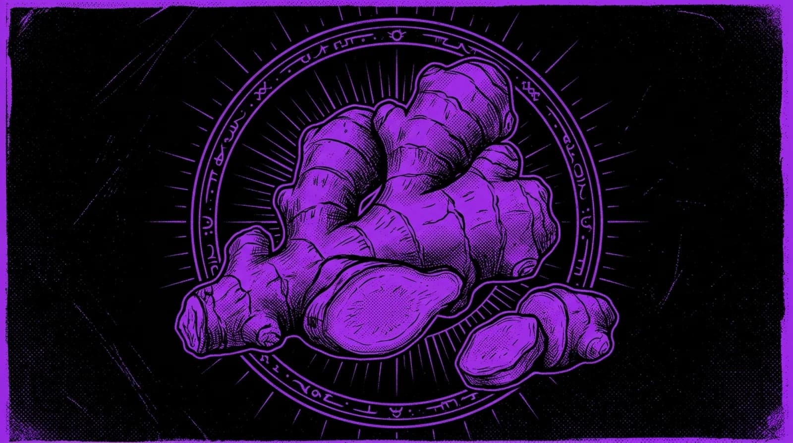 Purple and black occult screenprint illustration of a knobby ginger rhizome with a sliced section.