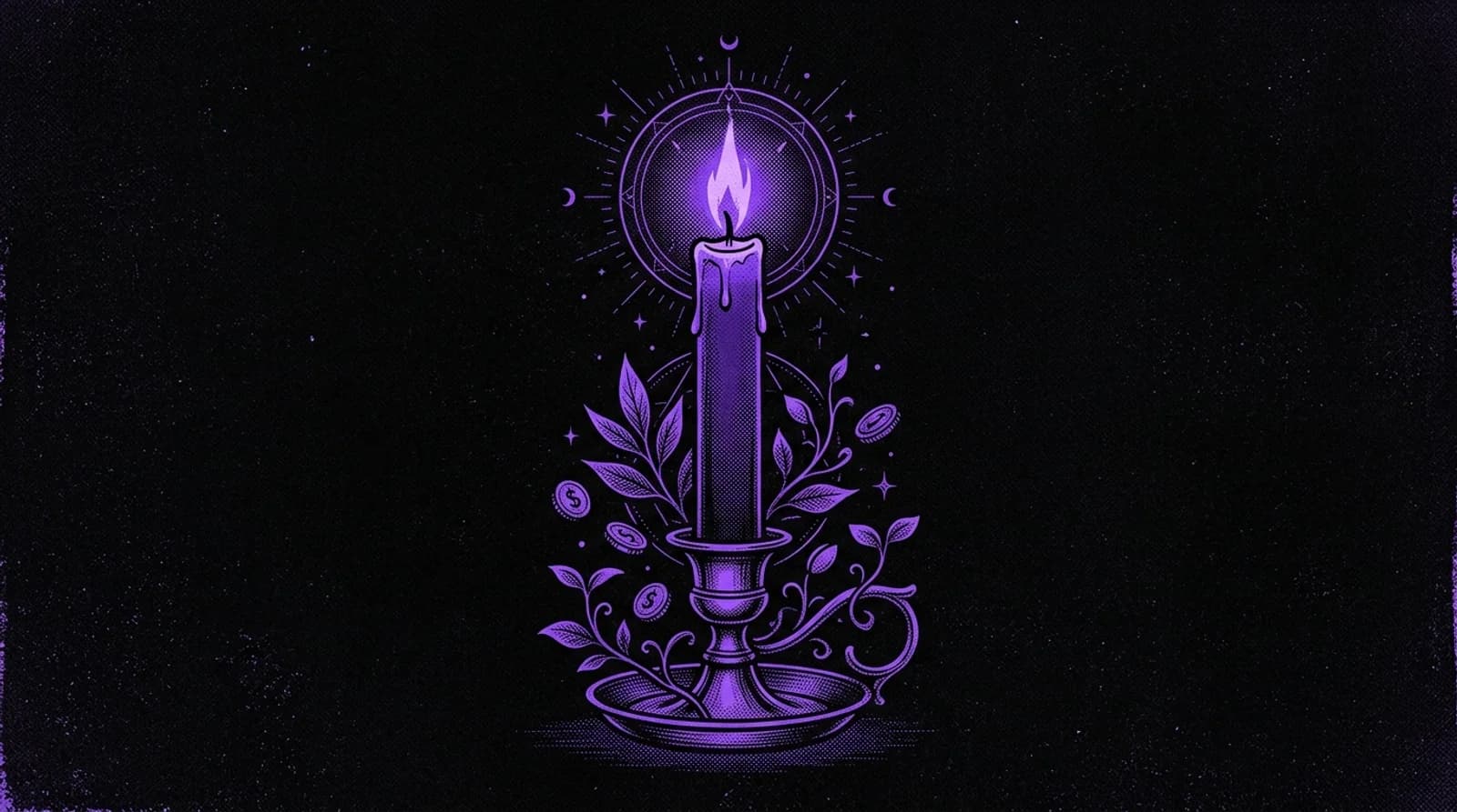 Purple and black screenprint illustration of a tall ceremonial green prosperity taper candle burning in an ornate candleholder framed by botanical growth motifs