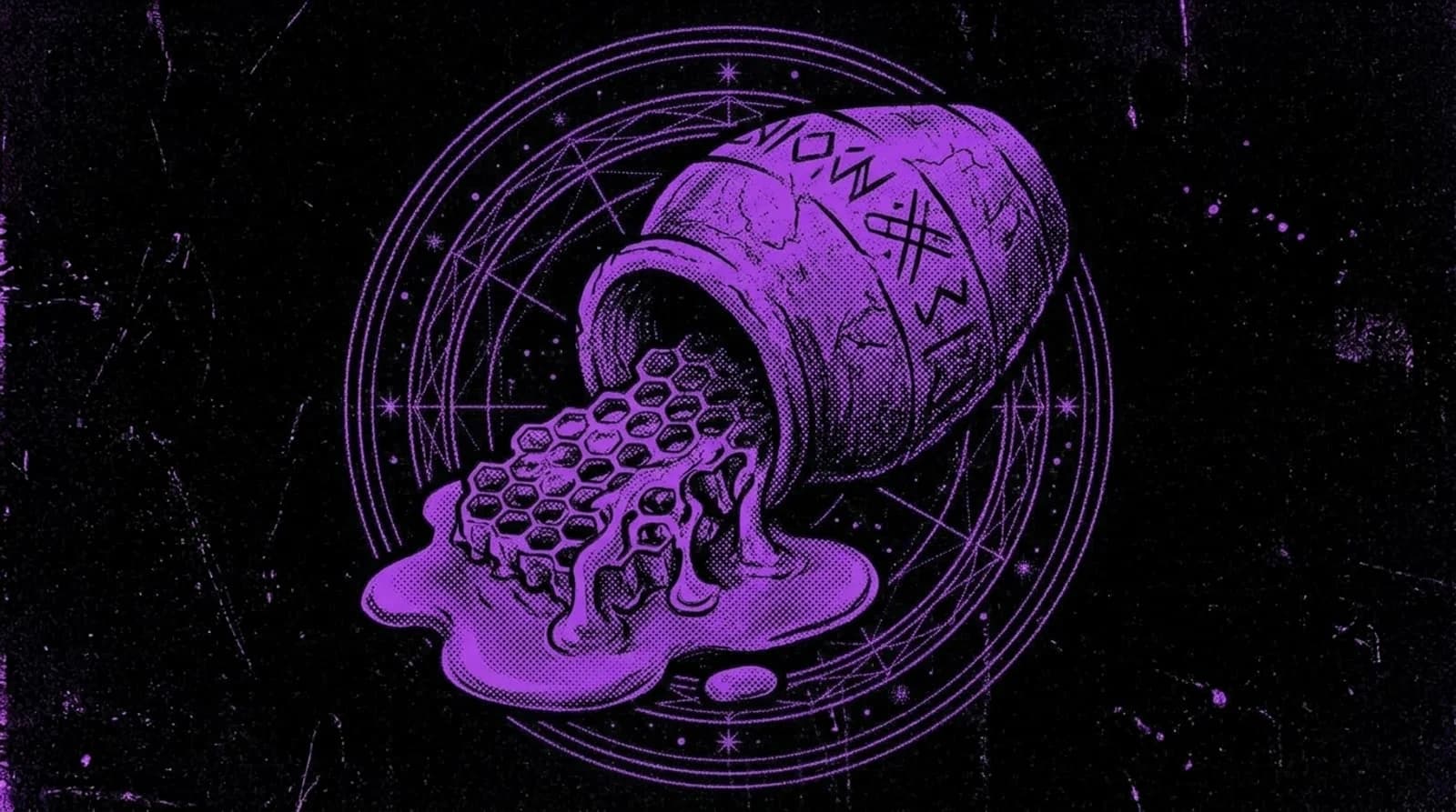 Purple and black screenprint illustration of a tipped ritual honey jar and honeycomb spilling golden nectar