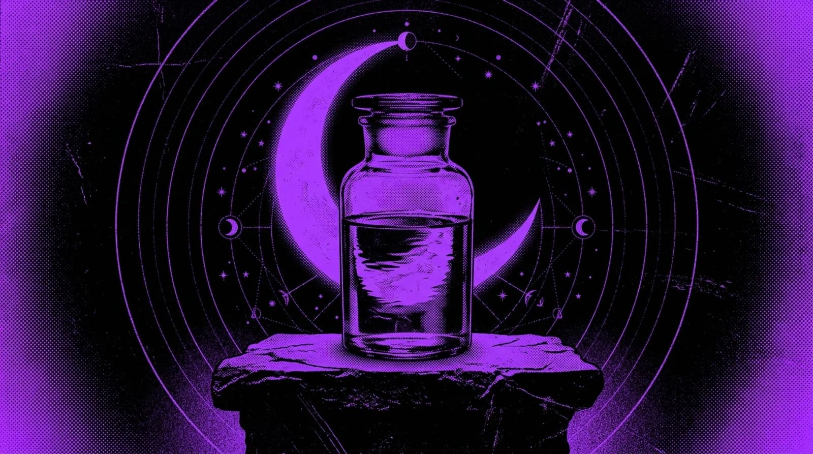 Purple and black screenprint illustration of an antique glass apothecary jar of moon water on a stone altar before a crescent moon