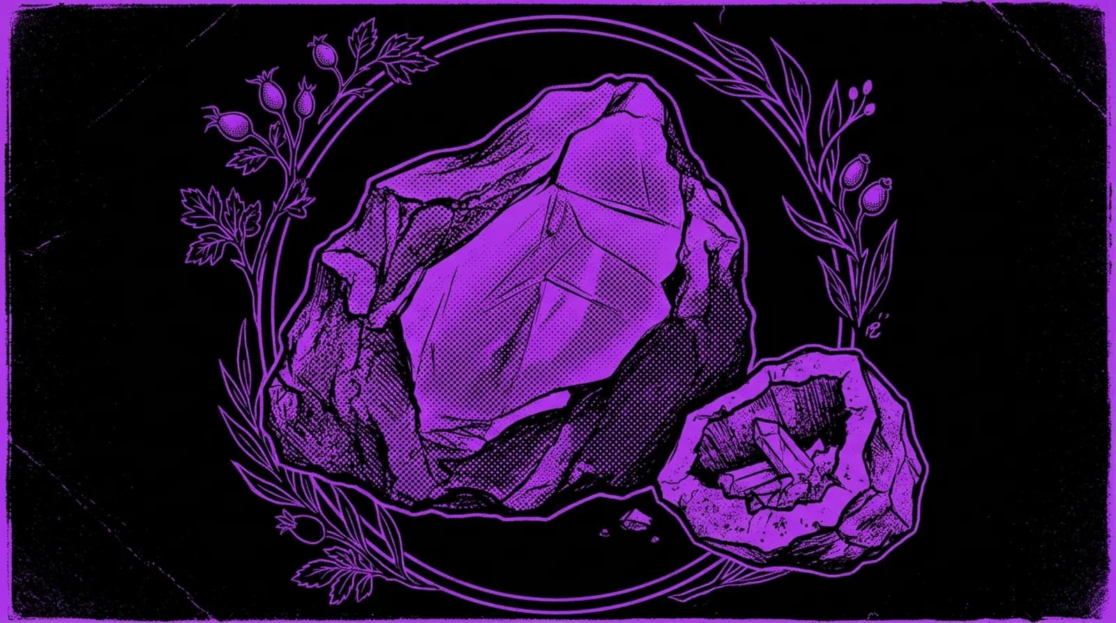 Purple and black occult screenprint illustration of a rough rose quartz crystal specimen with angular mineral surfaces.