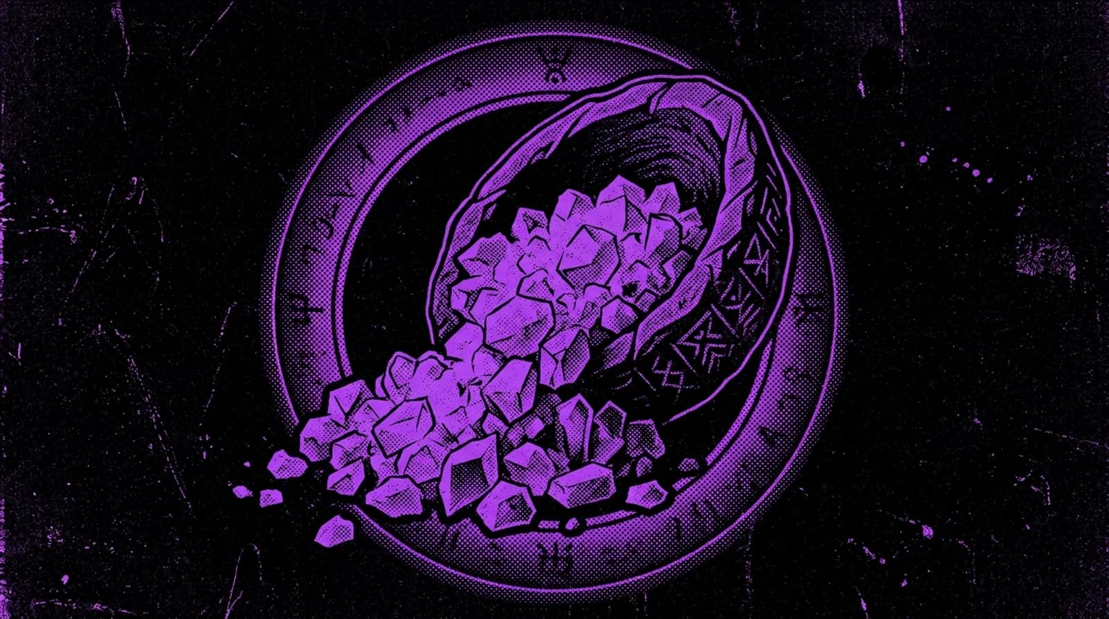 Purple and black screenprint illustration of coarse ritual salt crystals spilling from a stone bowl
