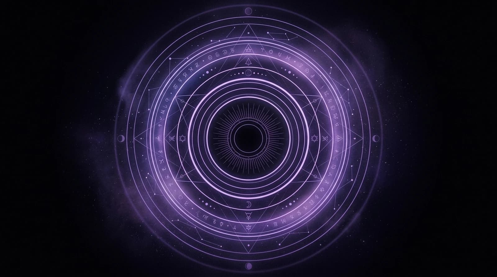 Abstract occult portal diagram glowing in electric violet against pure darkness